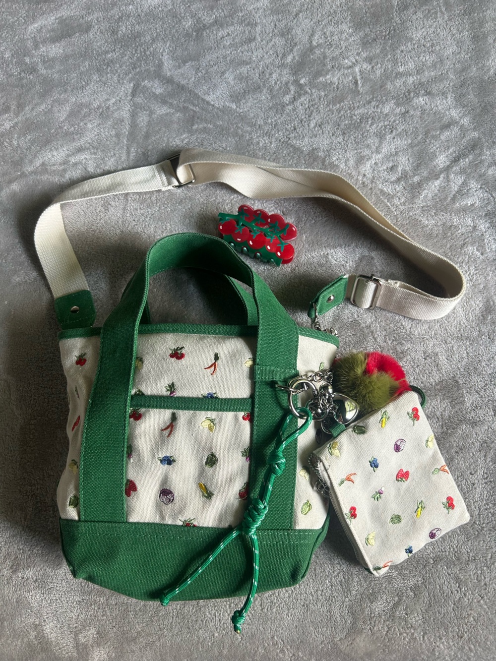Madden Girl Cream Canvas Tote with Green Trim and Multi Cherry Motif